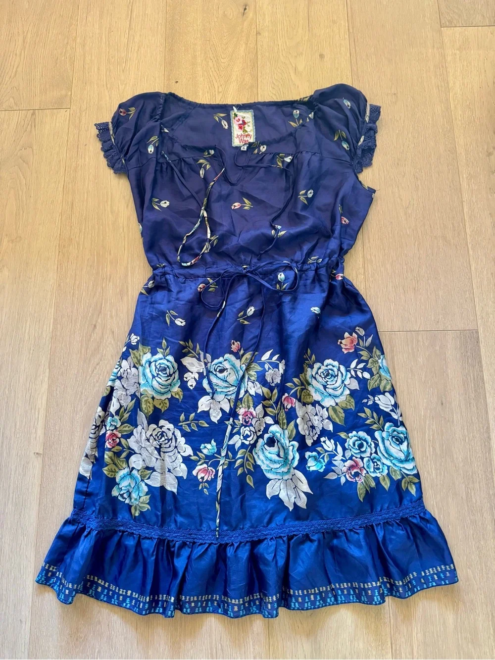 Johnny Was Navy Blue Floral Tiered Mini Dress